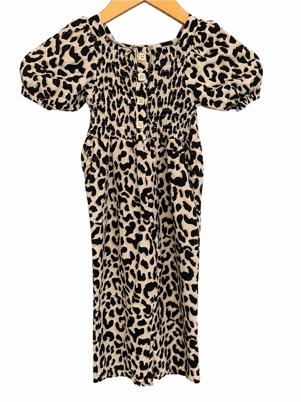 Jessica Simpson Beige and Black Leopard Smocked Puff-Sleeve Jumpsuit